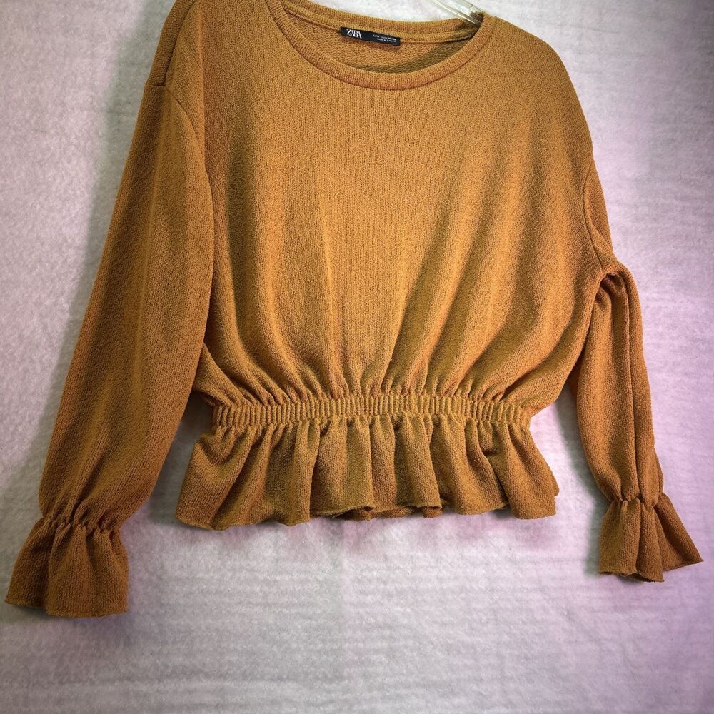 Zara Woman Honey Gold Long Sleeve Elastic Peasant Peplum Top Blouse Size Small